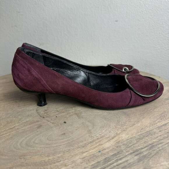 Melin Made In Italy Leather Lined Suede Kitten Heels Size 37 - Maroon Buckle Y2K - Picture 4 of 11